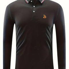 Peacock Print Men's Lapel Polo Shirt Breathable Long Sleeve Top