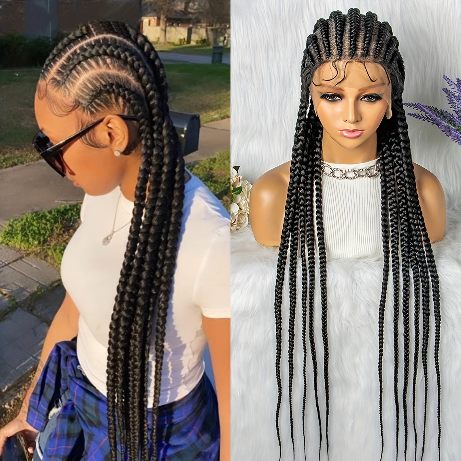 Stylish 91 Cm Full Lace Braided Wig With Baby Hair Synthetic Material 11 Braids