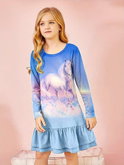 Girls Casual Rainbow Unicorn Print Crew Neck Long Sleeve Dress
