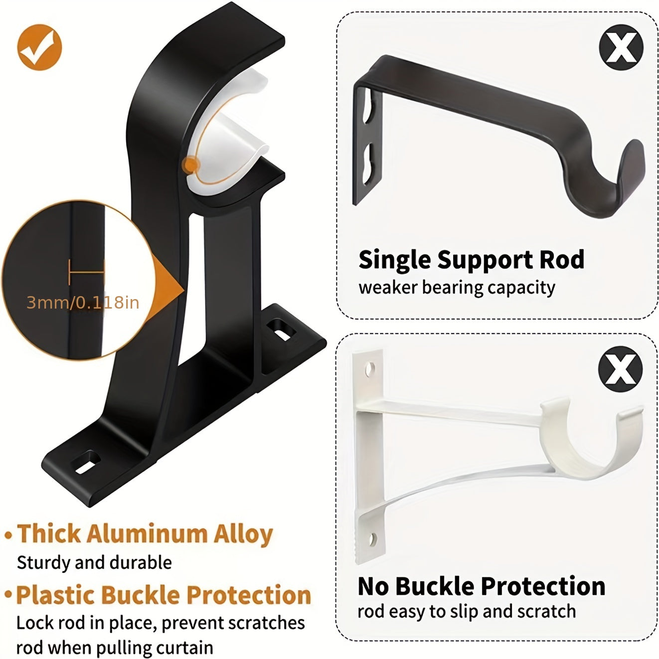 2pc Aluminum Alloy Curtain Rod Bracket Strong Load-bearing Capacity