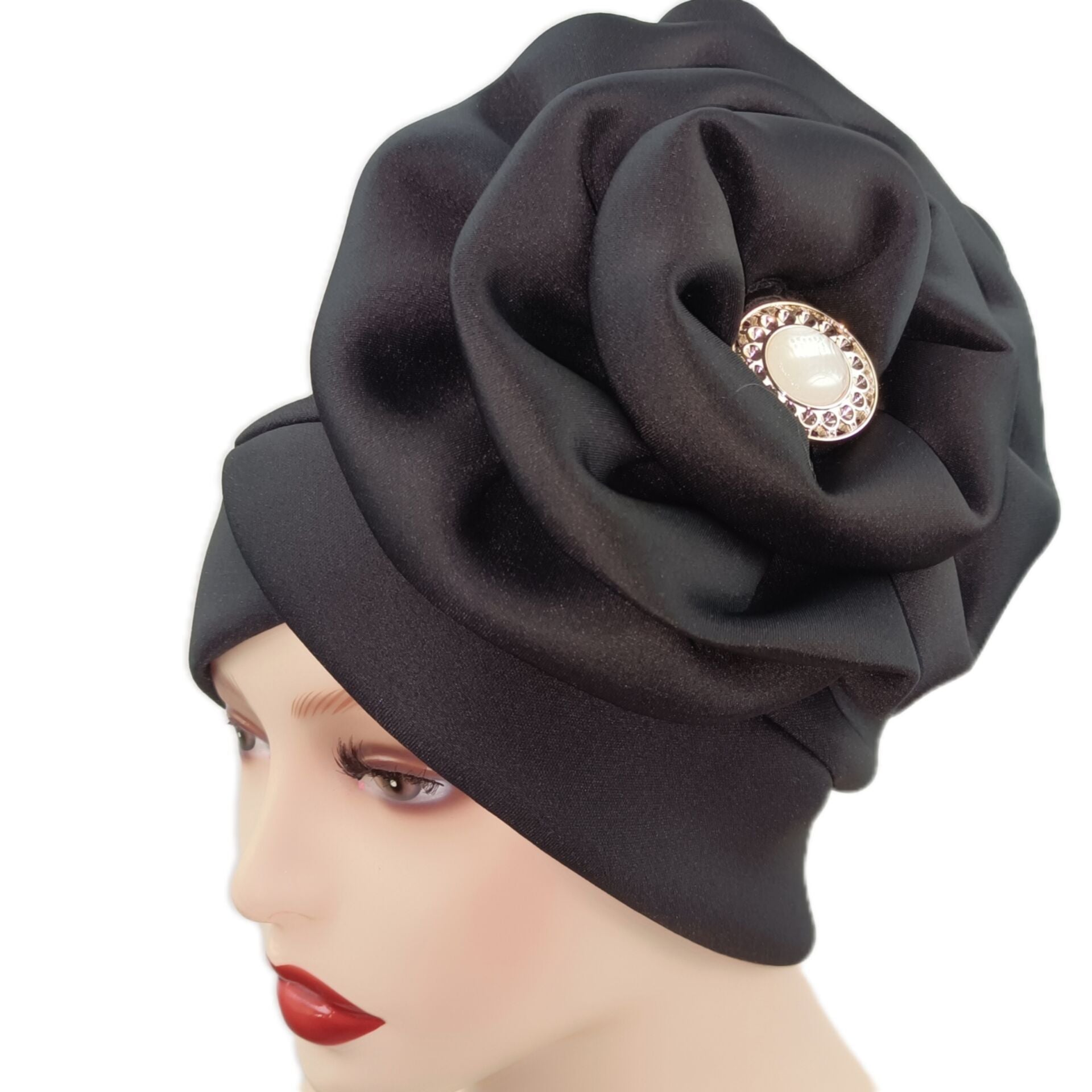Faux Jade Alloy Turban Cap Flower Layer Wrinkled Hijab Hair Accessories