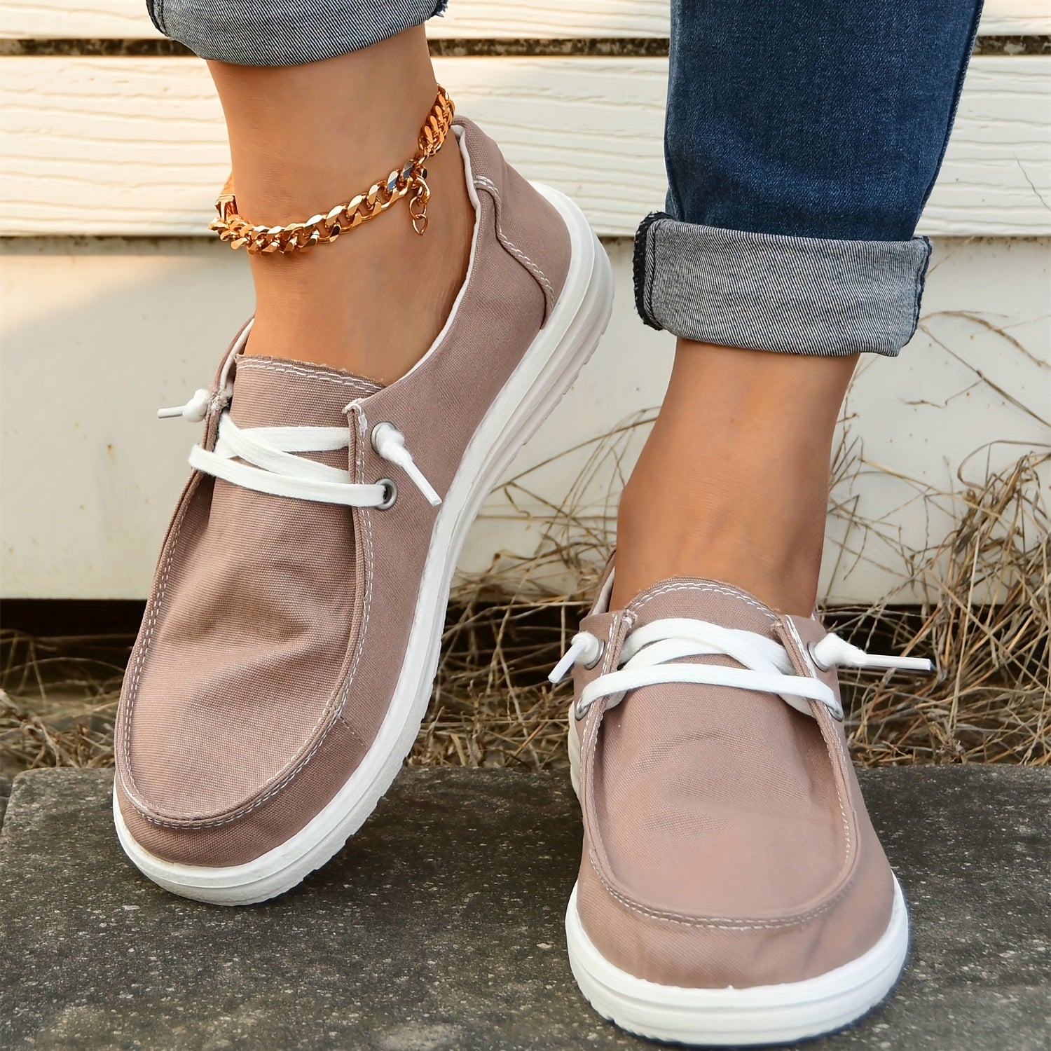 Women's Khaki Boat Shoes Platform Lace Up Canvas Sneakers