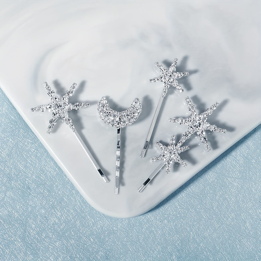 Rhinestone Moon & Star Hair Clips Set