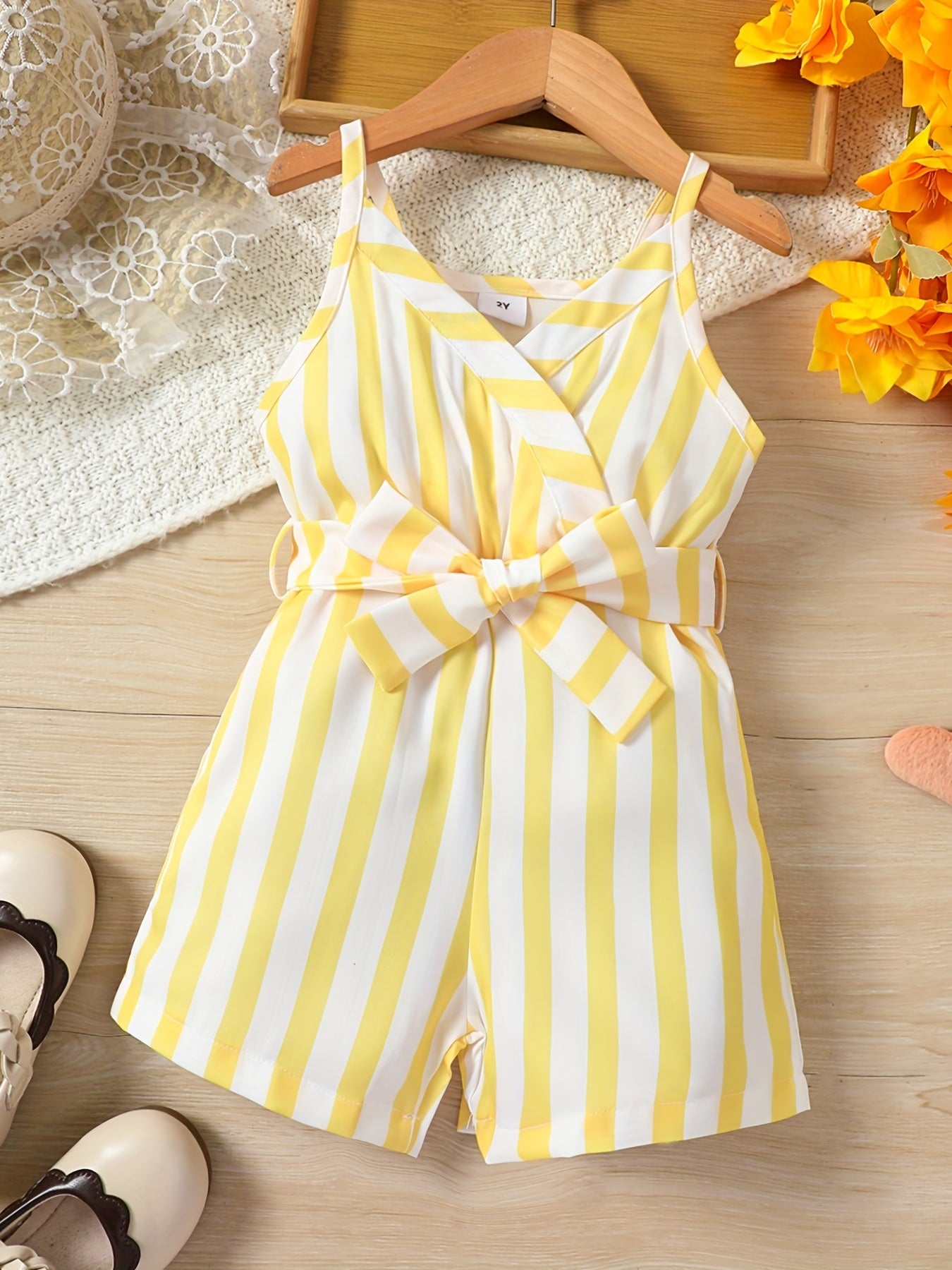 Toddler Girls Striped Belted Cami Rompers For Beach Vacation