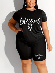 Women's Plus Heart & Letter Print Stretchy Tee & Shorts Set