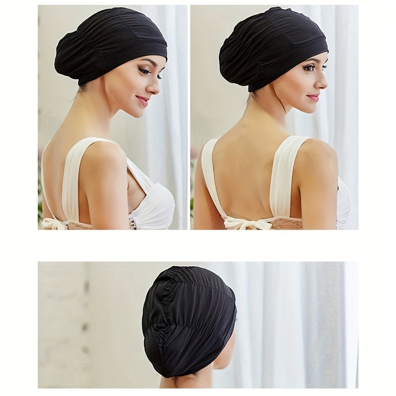 Women's Pleated Swim Cap High Elastic Fabric Pool Bathing Hat