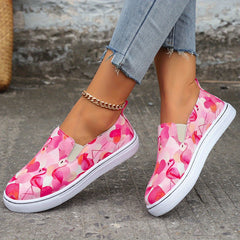 Flamingo Print Pink Flat Skate Shoes Soft Sole Slip On Sneakers