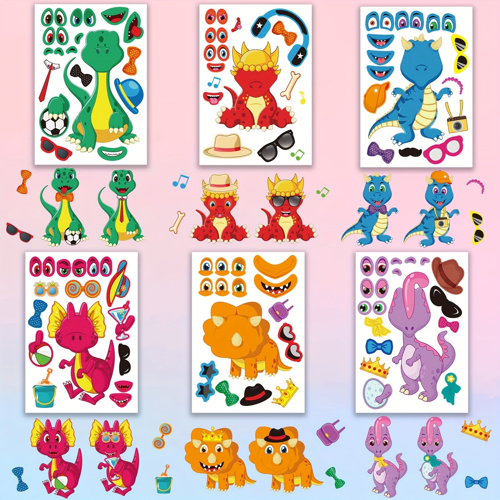 Dino Face Stickers Set 24 PCS DIY Cartoon Decal Kit for Party Favors