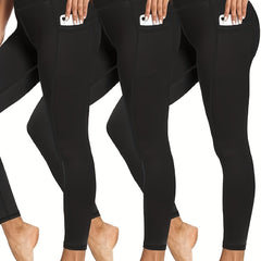 3 Pack Plus Size Sports Leggings Women's Plus Solid Pipping High Stretch