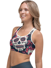 Halloween Sports Bra Women's Plus Floral & Skull Print Round Neck