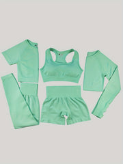 5-Piece Ribbed Seamless Crop Tank High Waist Yoga Leggings Set