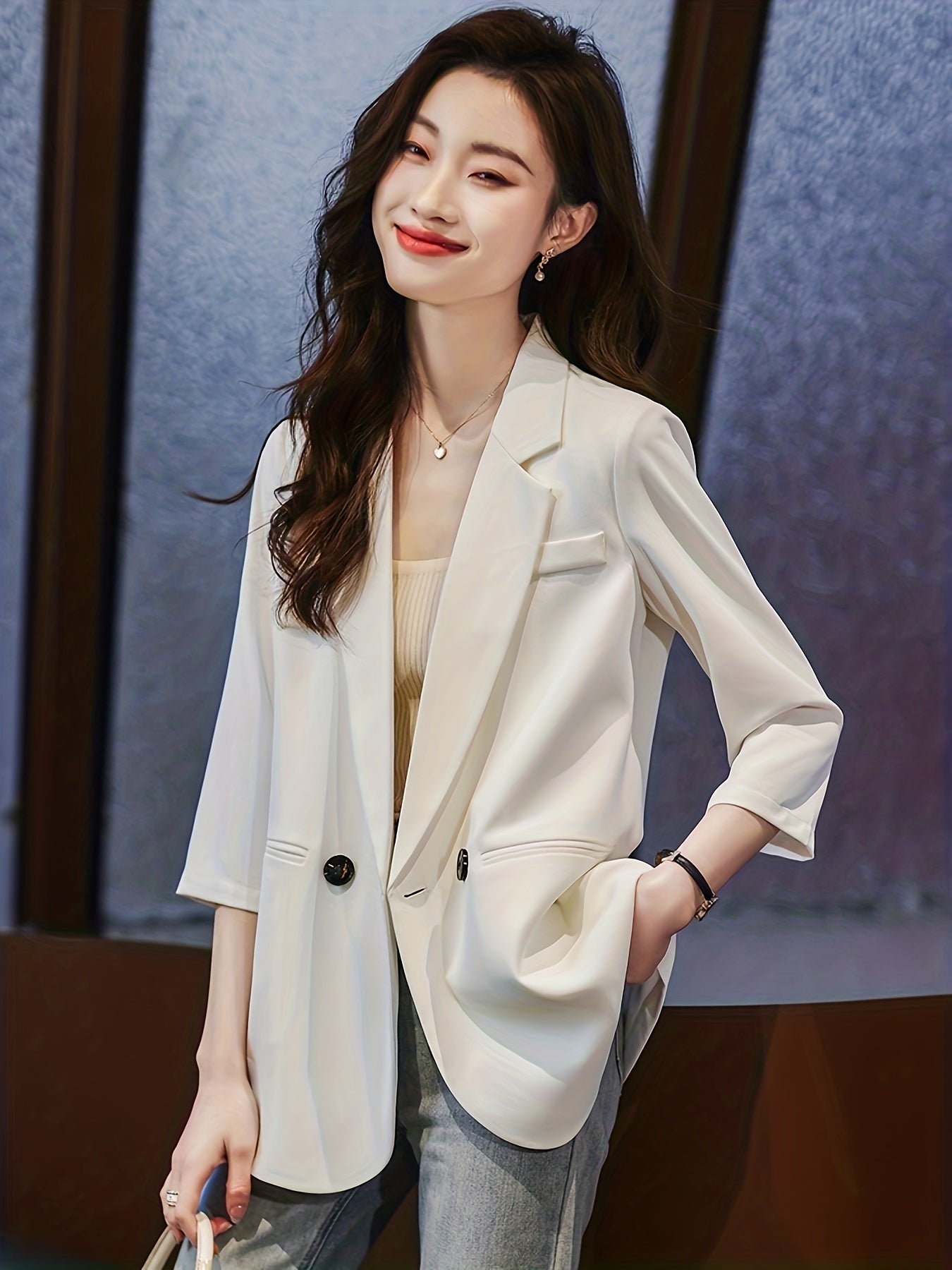 Casual 3/4 Sleeve Blazer Open Front Solid Outerwear