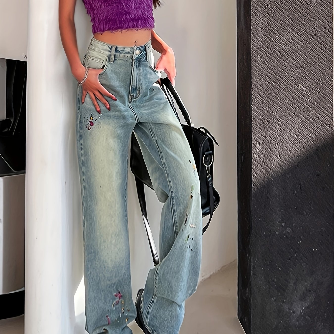 Vintage Embroidery High Rise Denim Pants Slash Pocket Wide Leg Jeans
