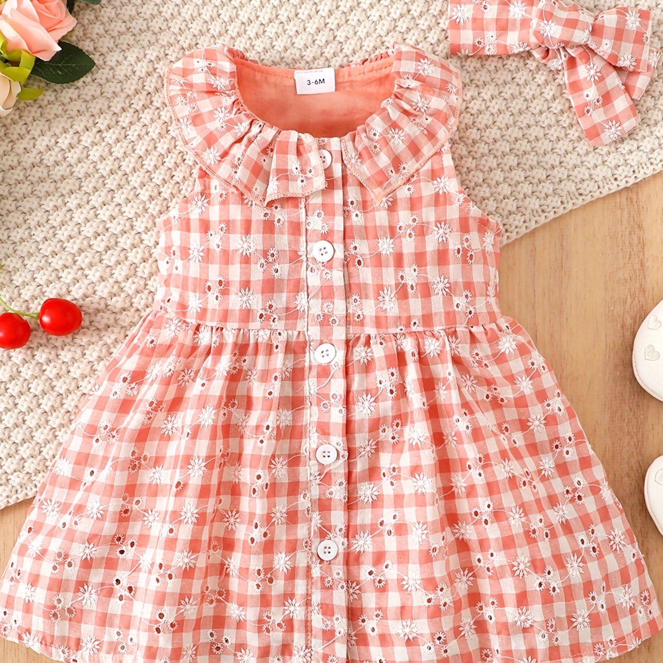 Plaid Embroidered Ruffle Collar Vest Dress Headband Set