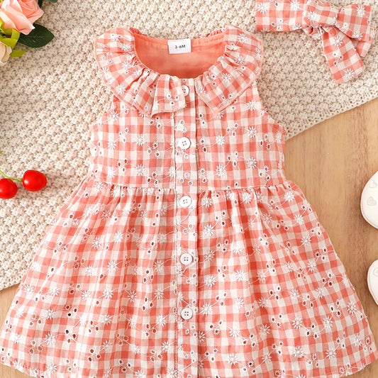 Plaid Embroidered Ruffle Collar Vest Dress Headband Set