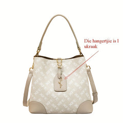 Beige Floral Bucket Bag for Women Zipper Closure Large Capacity