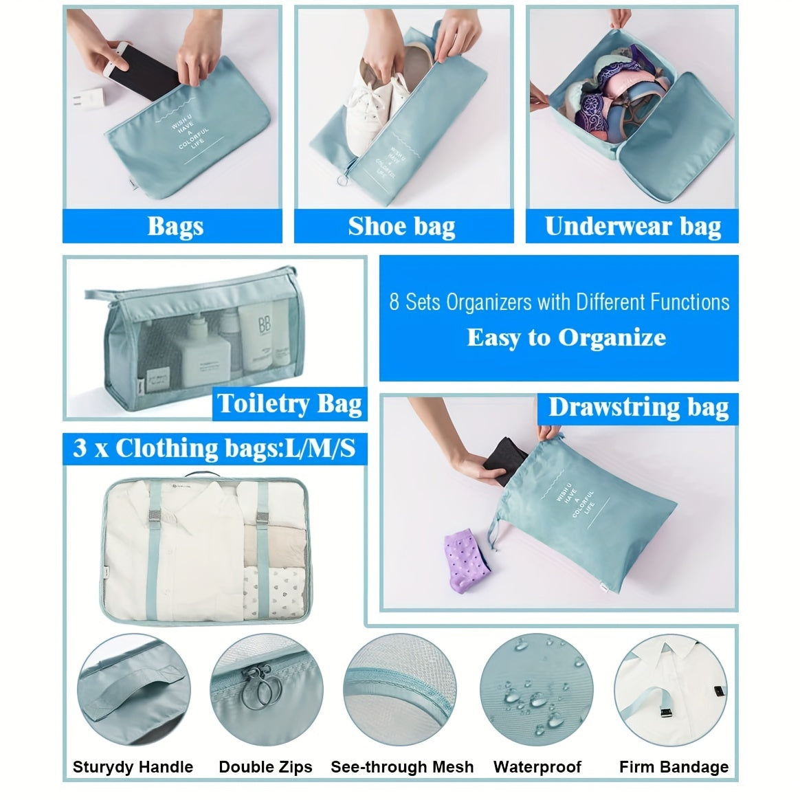 8pcs Lightweight Handheld Packing Cubes Clothing Underwear Shoes Storage Bag