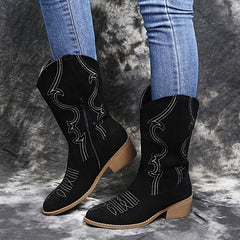Embroidered Mid Calf Western Boots Block Heel Zipper Round Toe Shoes