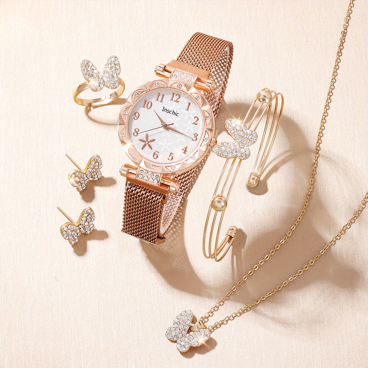 Quartz Watch with Rhinestone Studs & Butterfly Jewelry Set