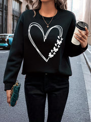 Heart Print Crew Neck Sweatshirt for Women