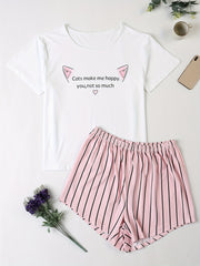 Casual Pajamas Set Cat & Letter Print Top & Striped Shorts