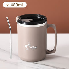 480ml Stainless Steel Water Cup with Straw and Handle, Leakproof Coffee Mug