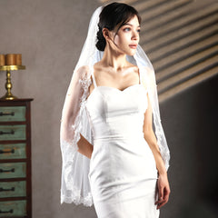 Lace Bridal Veil with Faux Pearl Accents for Weddings