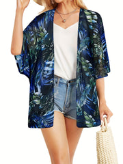 Leaf Print Cover Up Shirt V Neck Half Sleeves Beachwear Cardigan