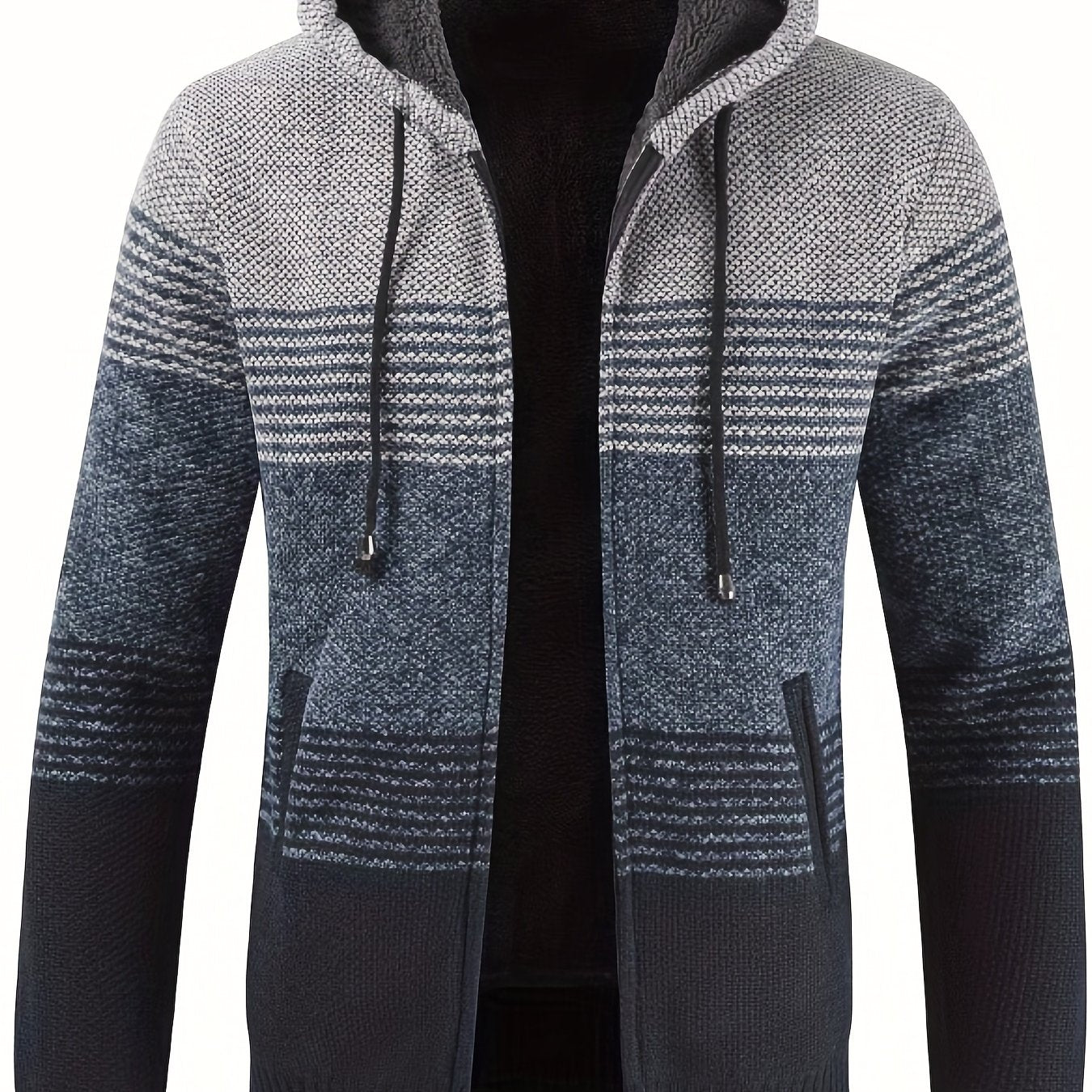 Knitted Stripes Fleece Hooded Cardigan Men's Zip Up Coat