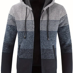 Knitted Stripes Fleece Hooded Cardigan Men's Zip Up Coat