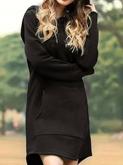 Solid Hooded Mini Sweatshirt Dress With Pockets