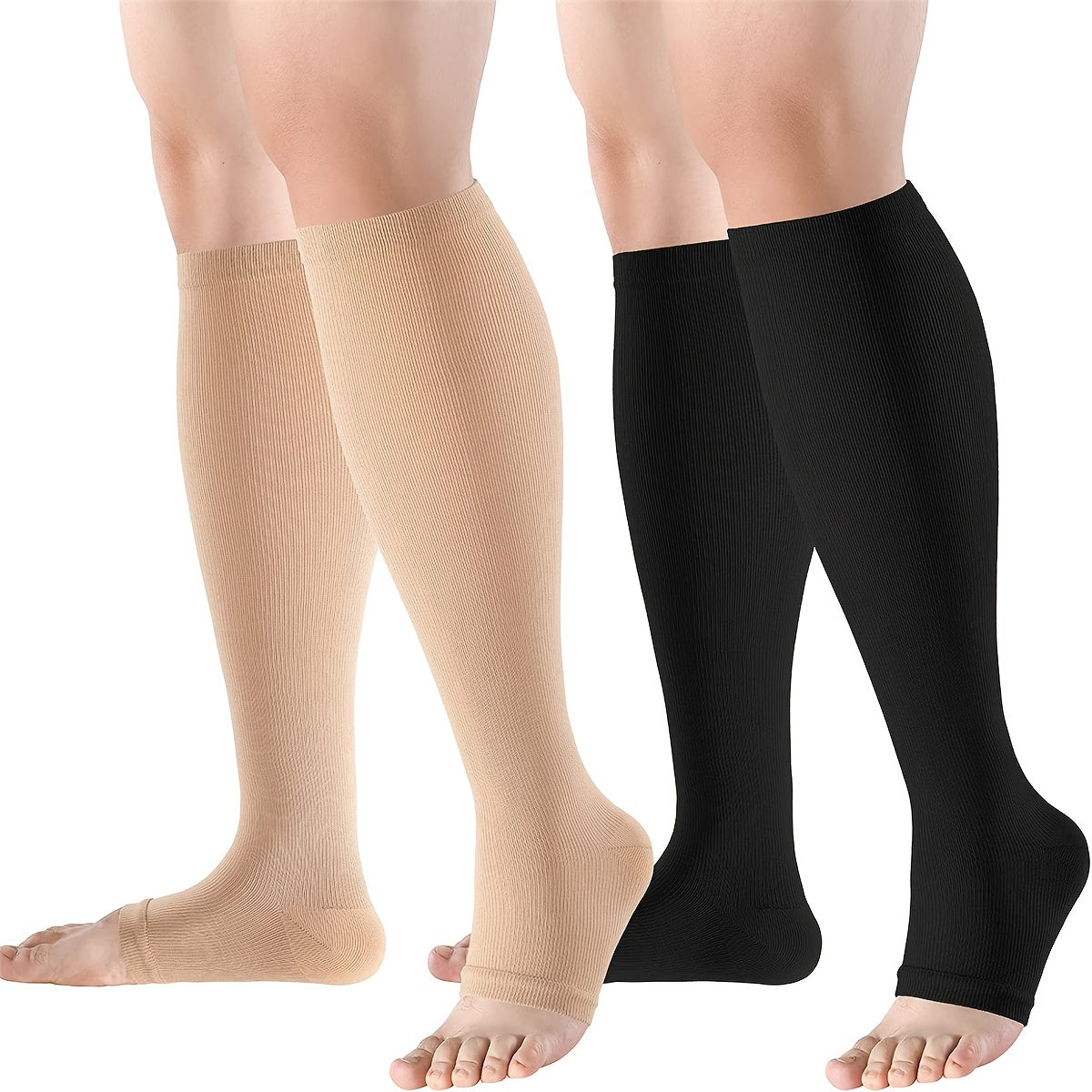 2 Pairs Open Toe Compression Socks Breathable Knee-Length Gym Fitness Stockings