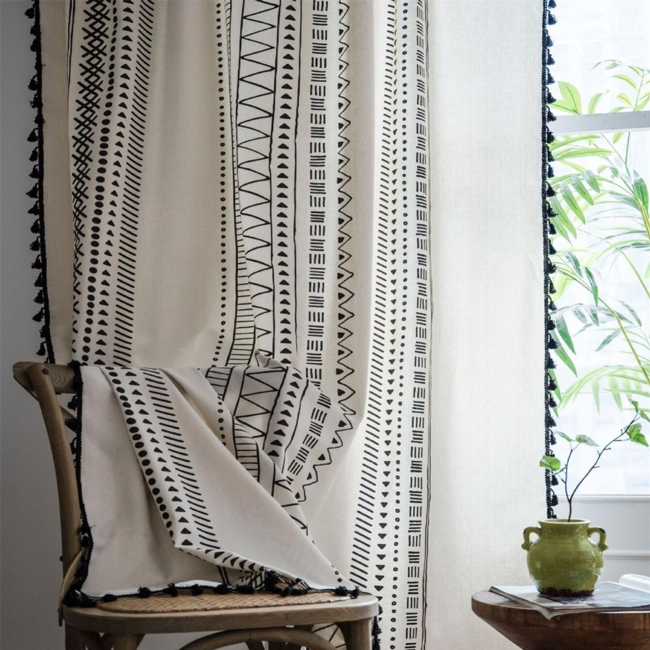 Geometric Print Semi Shading Curtains with Tassel Rod
