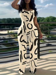 Graphic Print Wide Leg Cami Jumpsuit Sleeveless Pockets for Women