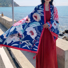 Boho Flower Print Oversized Tassel Scarf Sunscreen Head Wrap