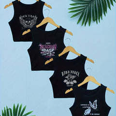Graphic Print Tank Top 4 Pack Sexy Crew Neck Summer Sleeveless Top