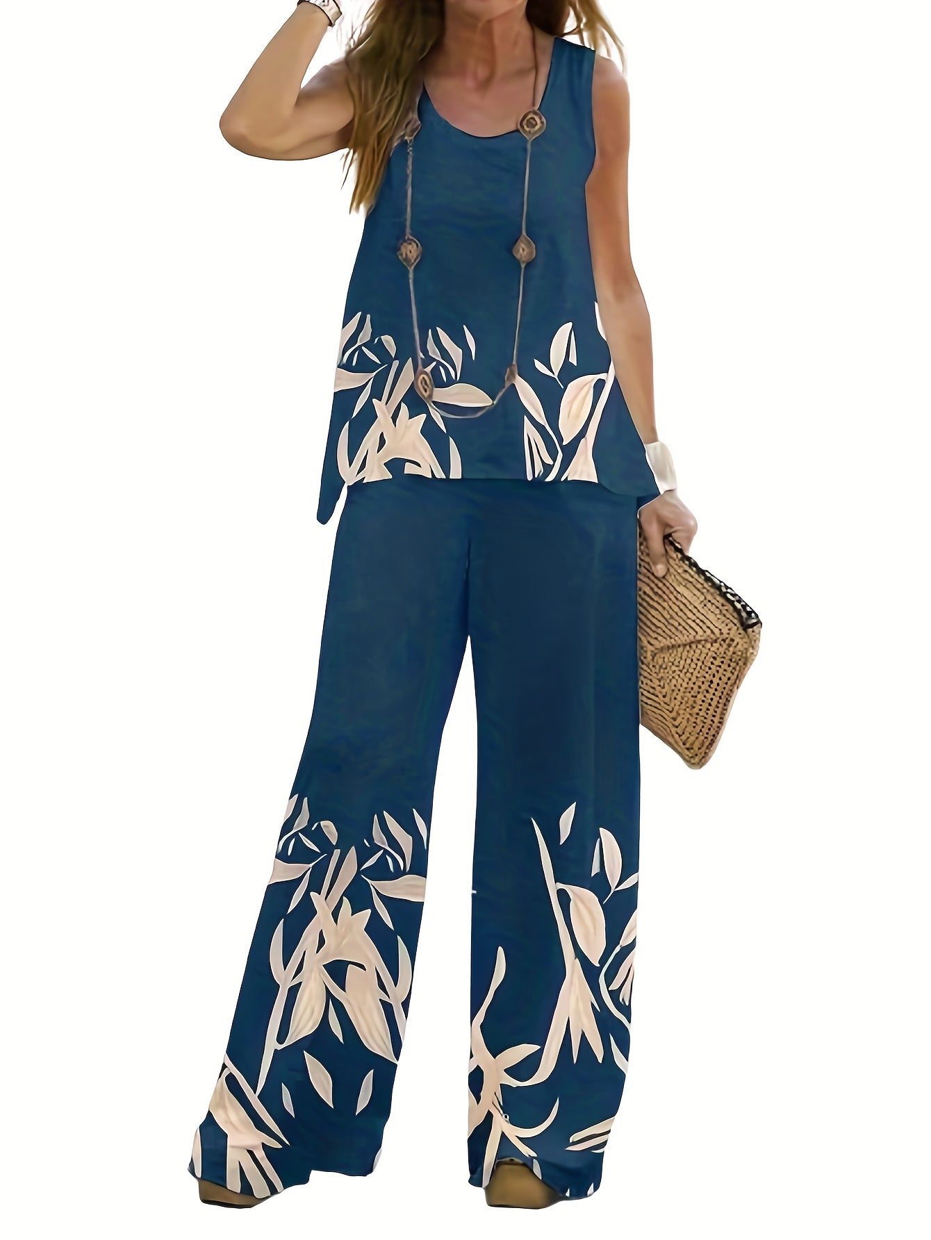 Women's Plus Leaf Print Tank Top & Pants 2 Piece Set