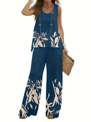 Women's Plus Leaf Print Tank Top & Pants 2 Piece Set