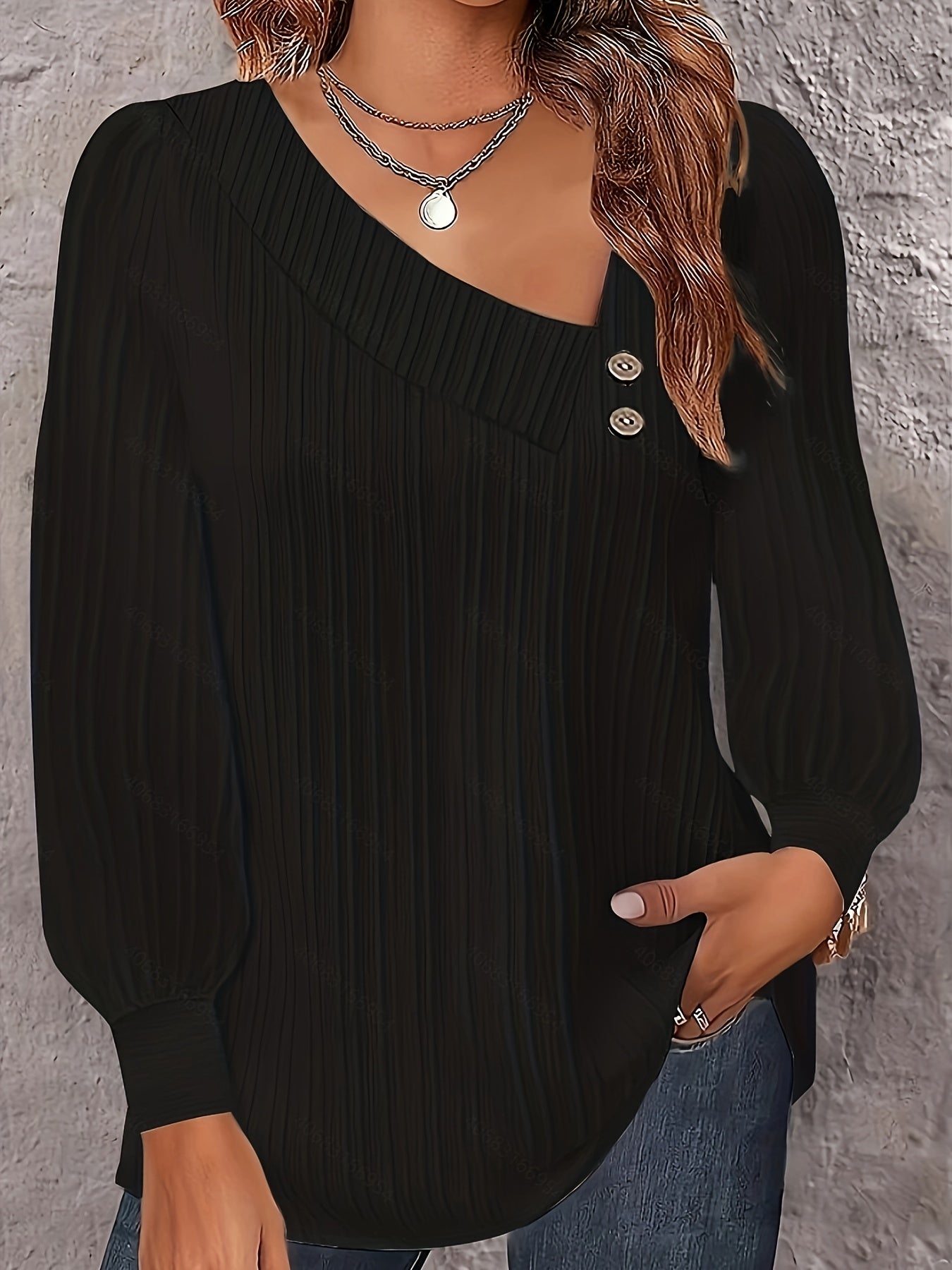Casual Blouse Long Sleeve Button Decor Irregular Neck Top