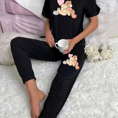 Bear Print Pajama Set Short Sleeve Crew Neck Top & Pants
