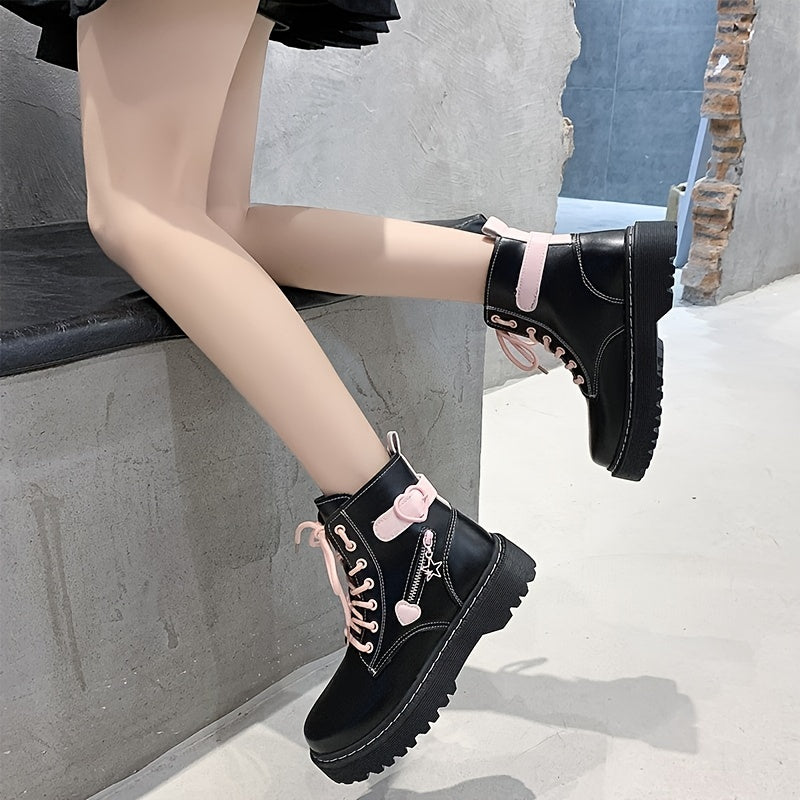 Platform Ankle Combat Boots & Lace Up Round Toe Y2K Style Shoes