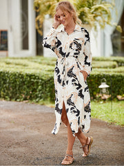 Leaf Print Tie Belt Shirt Dress Side Split Beach Cover Up