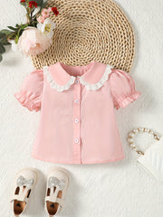 Baby Girls Lace Doll Collar Shirt Ruffled Cuff Short Sleeve Cotton Blouse