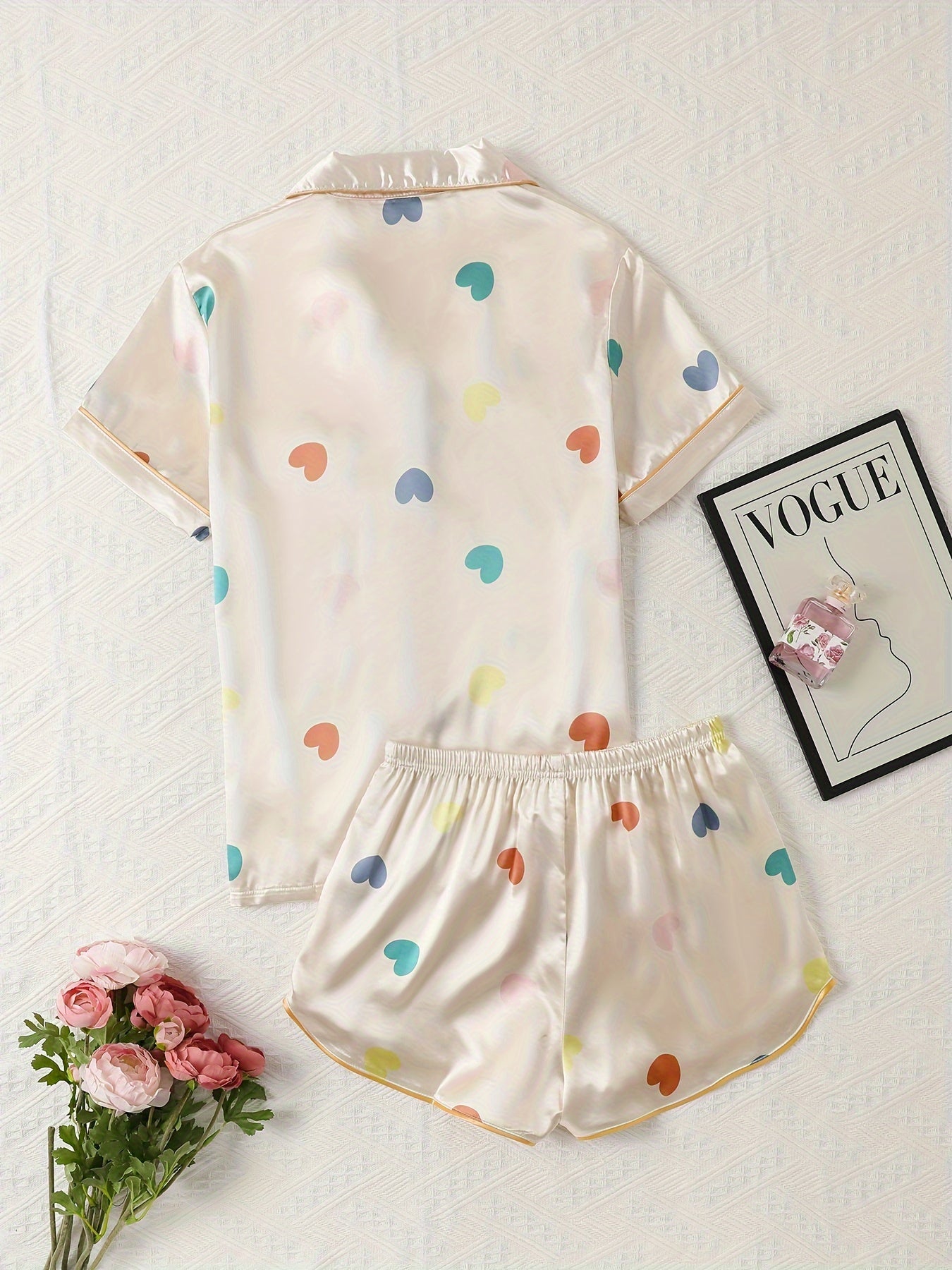 Heart Print Pajama Set Short Sleeve Top & Shorts Women