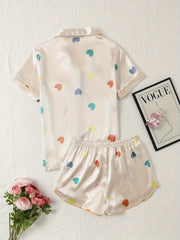 Heart Print Pajama Set Short Sleeve Top & Shorts Women