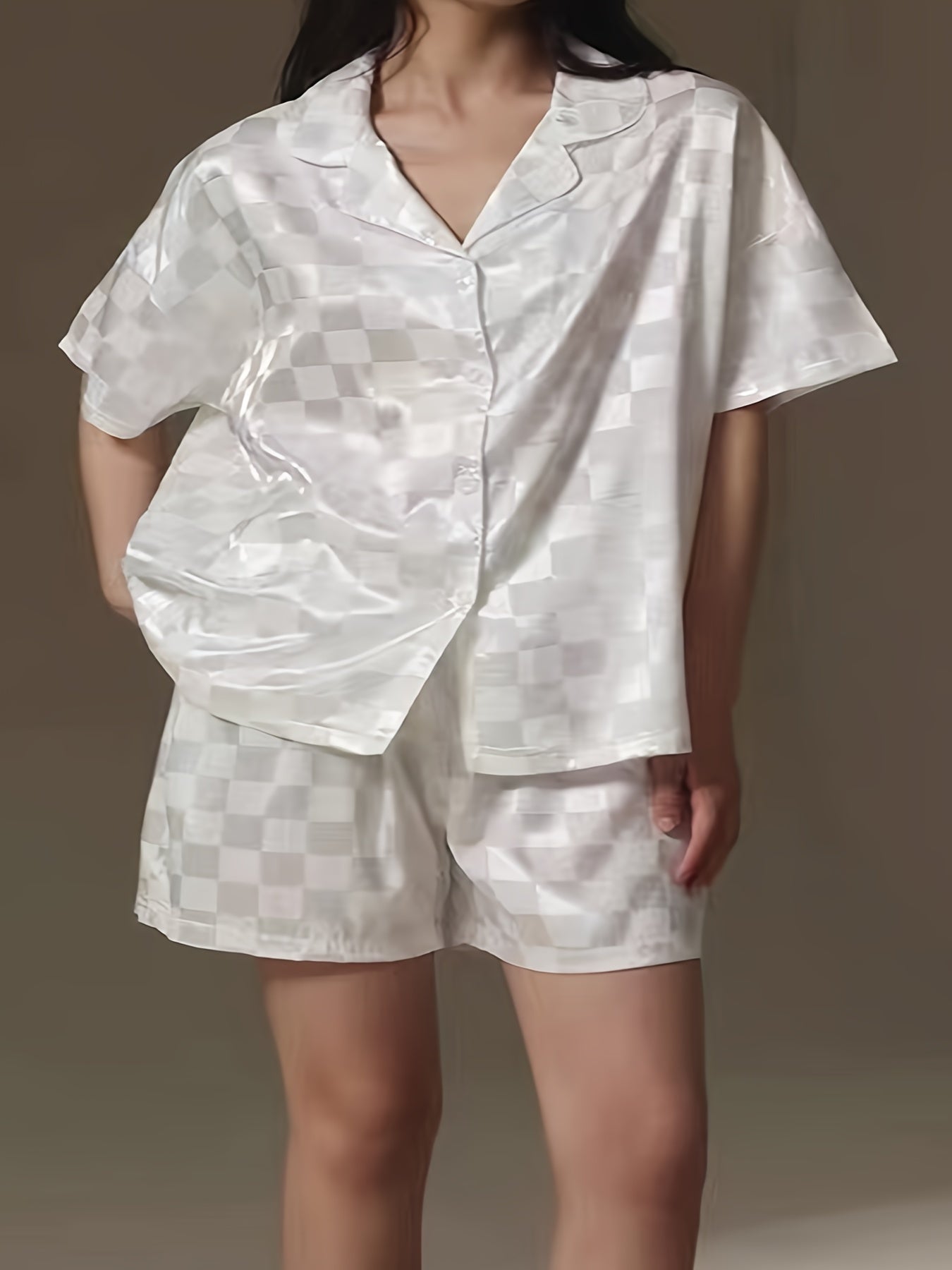 Satin Leopard Print Pajama Set, Women's Plus Loungewear Set