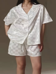 Satin Leopard Print Pajama Set, Women's Plus Loungewear Set