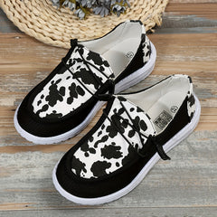 Women's Cow Graphic Patchwork Boat Shoes Lace Up Low Top Canvas Shoes