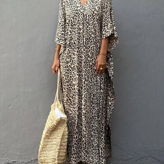 Leopard Print V Neck Split Thigh Kaftan Batwing Half Sleeve Kimono Cover Up