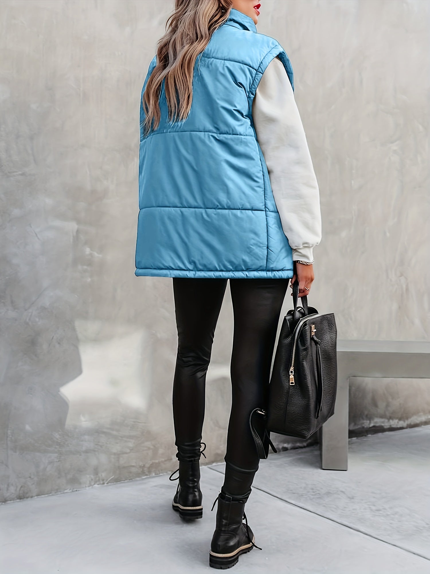 Solid Zip Up Sleeveless Jacket Casual Stand Collar Outerwear